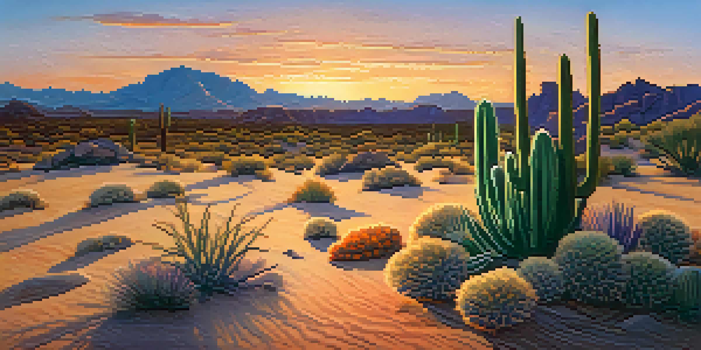A tranquil desert scene with a peyote cactus at sunset, featuring warm colors and textured sand.