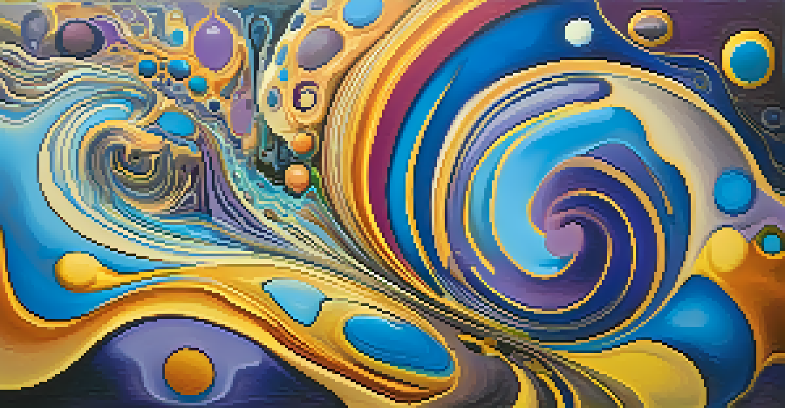 An abstract image with swirling colors and shapes in vibrant hues of blue, purple, and gold, creating a dreamlike effect reminiscent of a psychedelic experience.