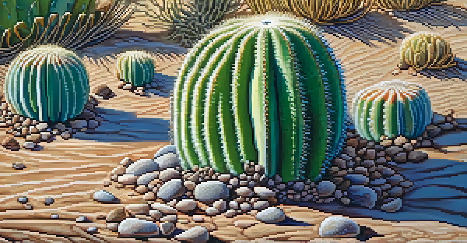 A close-up of a Peyote cactus with detailed textures and vibrant colors, set against dry desert soil and rocks, illuminated by soft sunlight.