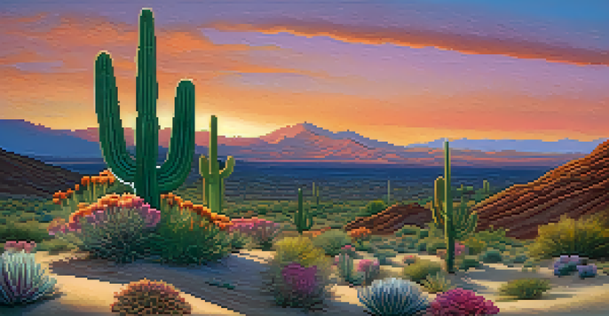 A beautiful desert landscape at sunset with a small peyote cactus in the foreground, showcasing vibrant colors in the sky.