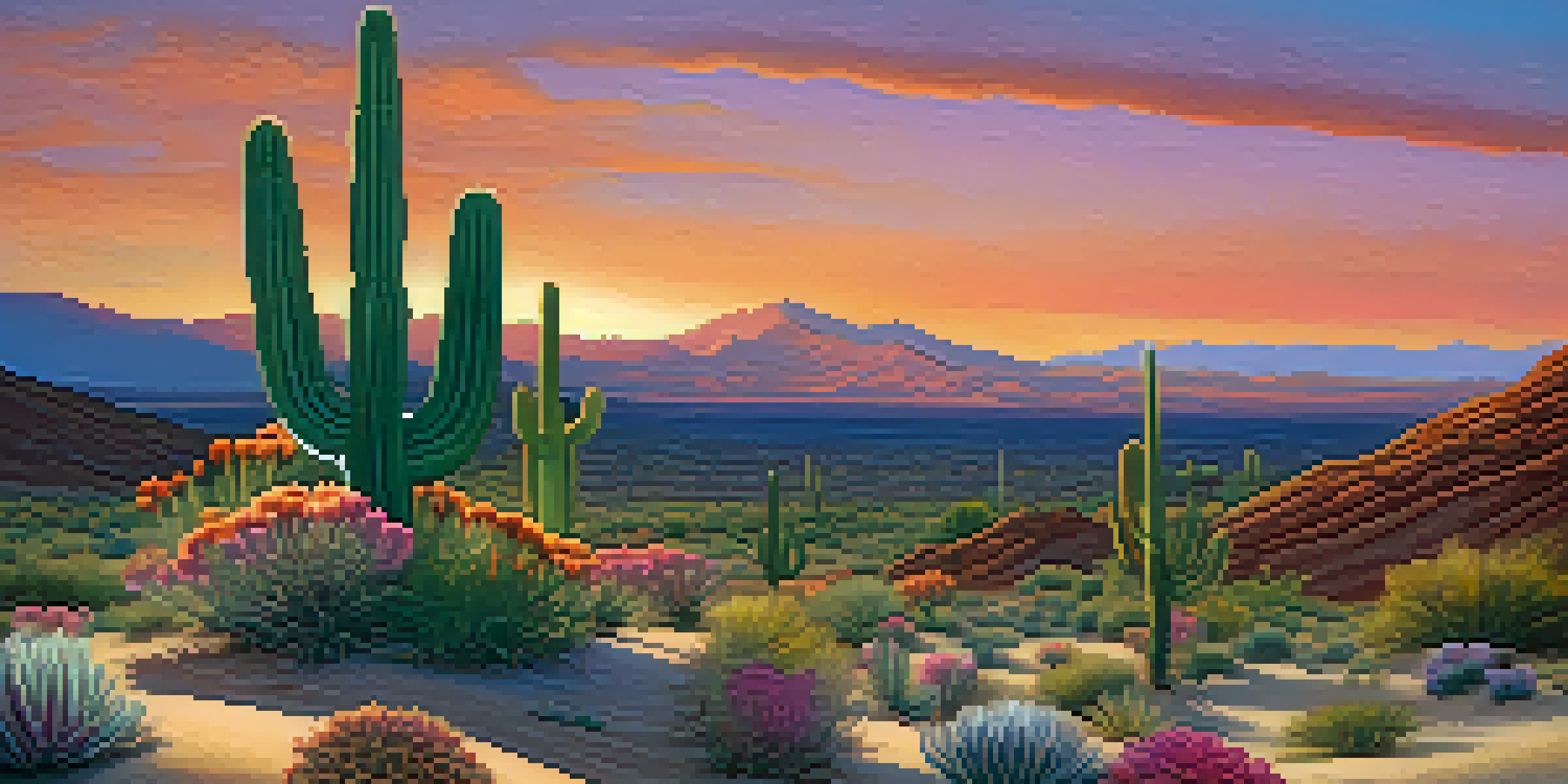 A beautiful desert landscape at sunset with a small peyote cactus in the foreground, showcasing vibrant colors in the sky.