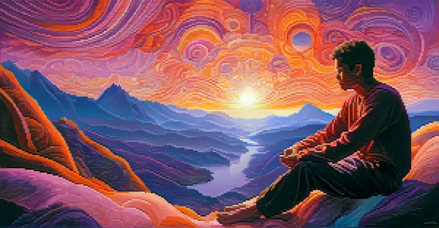 A person meditating on a mountaintop at sunrise, surrounded by swirling patterns of light representing self-discovery.