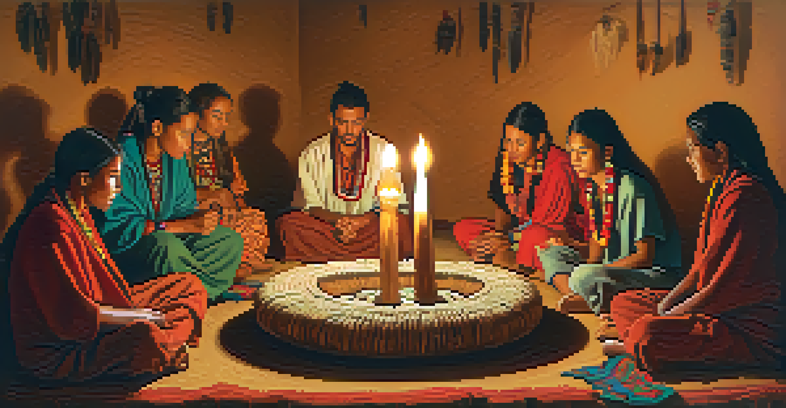A group of people in a circle during a peyote ceremony, surrounded by candlelight and traditional decorations.
