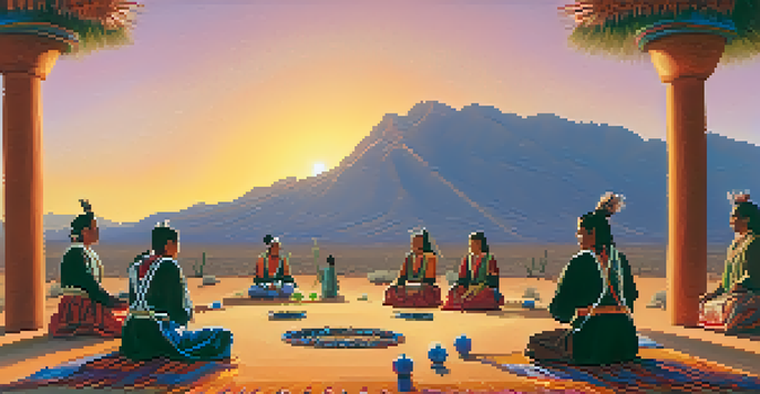 A traditional peyote ceremony in a desert at sunset, with participants in colorful attire and a peyote cactus on a mat.