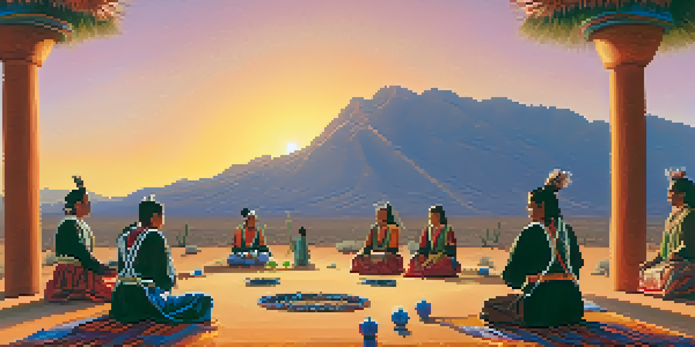 A traditional peyote ceremony in a desert at sunset, with participants in colorful attire and a peyote cactus on a mat.
