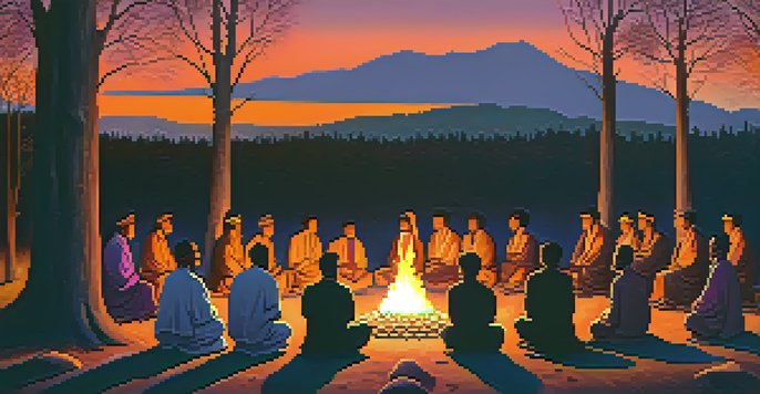 Participants gathered around a ceremonial fire during a Peyote ceremony at dusk, surrounded by trees and a colorful sky.