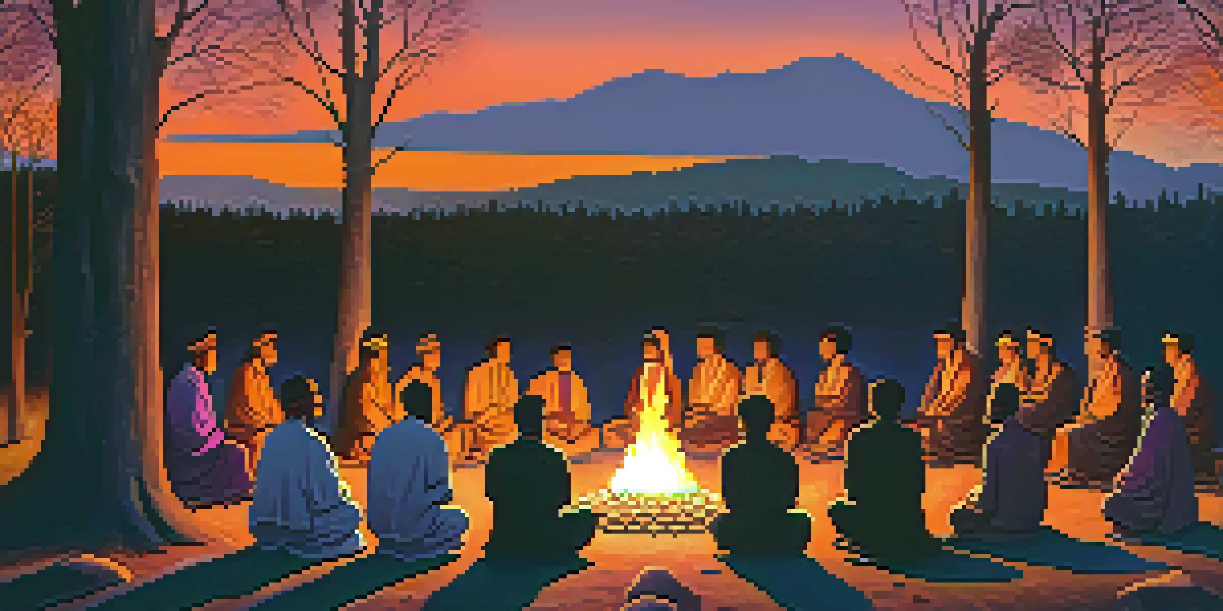 Participants gathered around a ceremonial fire during a Peyote ceremony at dusk, surrounded by trees and a colorful sky.