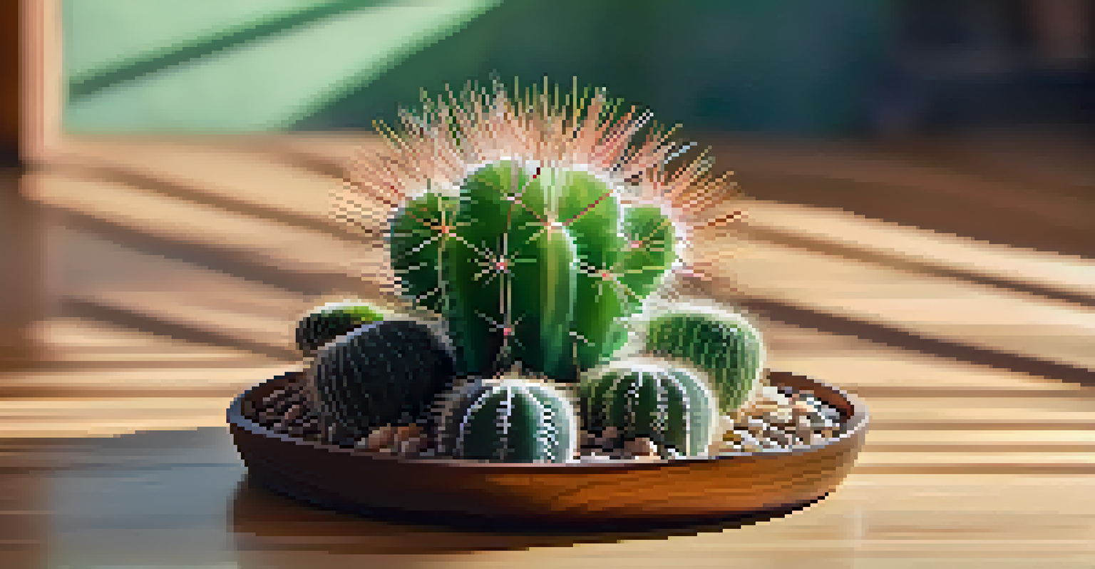 A detailed close-up of a Peyote cactus on a wooden surface, showcasing its spines and vibrant green color, with natural light highlighting its features.