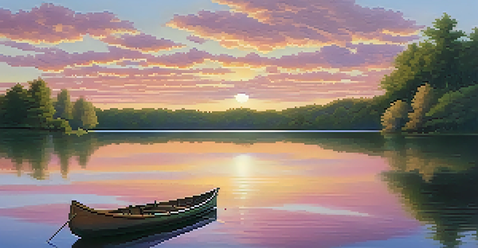 A peaceful sunset over a calm lake with a wooden canoe, surrounded by green trees.