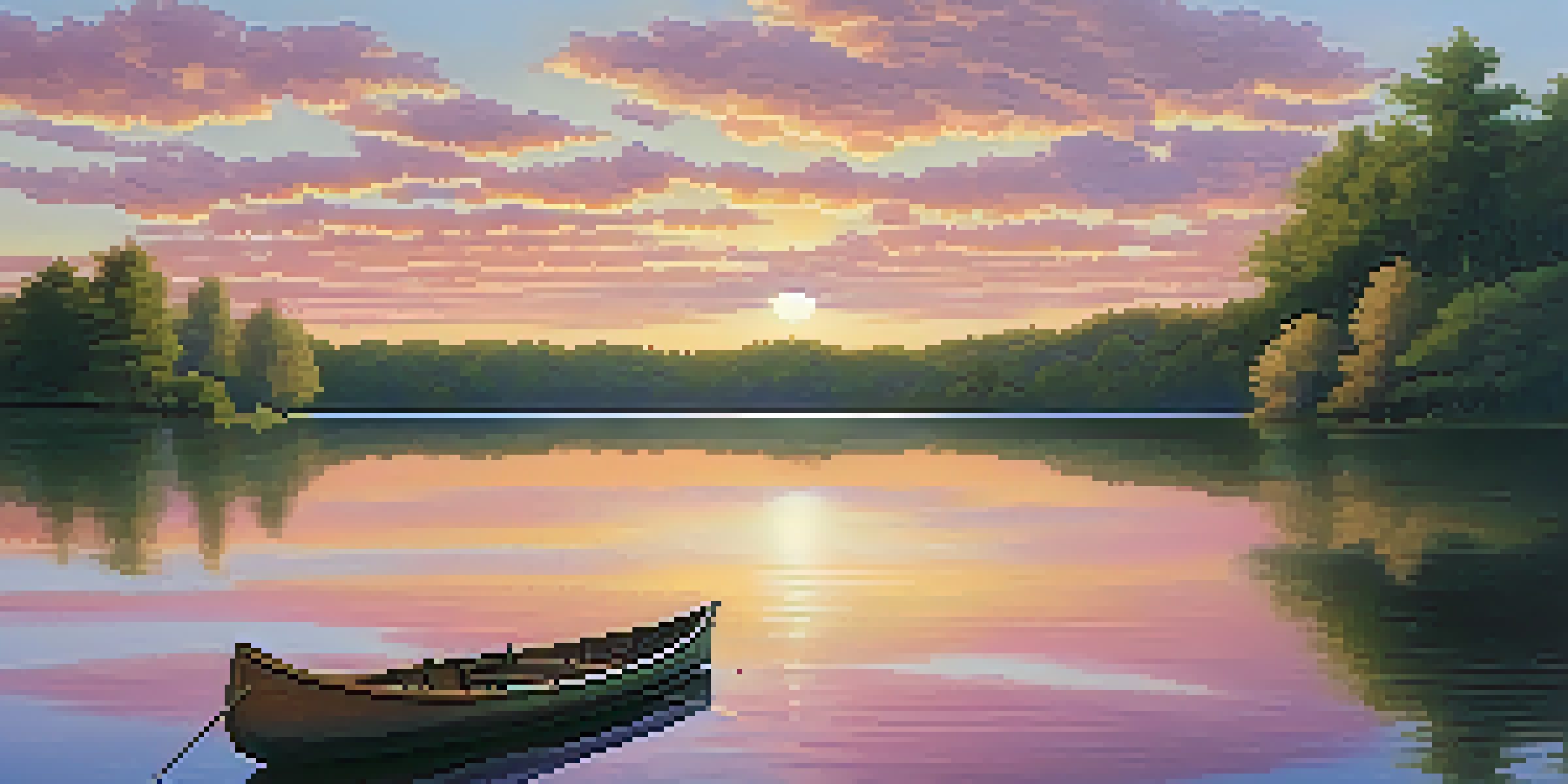 A peaceful sunset over a calm lake with a wooden canoe, surrounded by green trees.