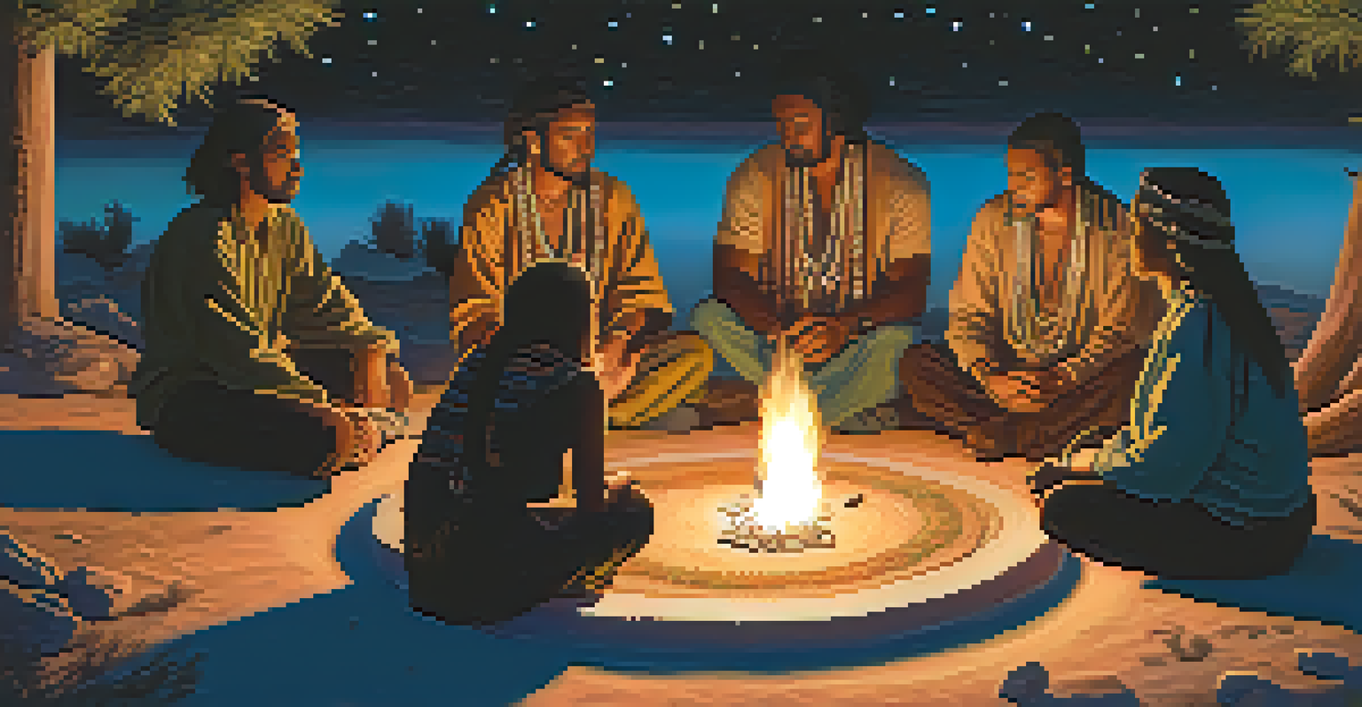 A group of people in a circle around a fire, engaged in a peyote ceremony under a starry night sky.