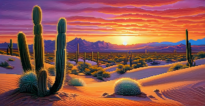 A small peyote cactus in a desert landscape during sunset, with soft sand dunes and a colorful sky.