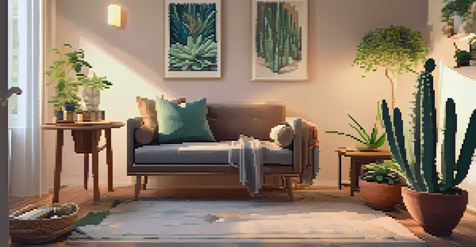 A cozy therapy room with a chair, a table with a peyote cactus, and warm lighting, designed for emotional healing.
