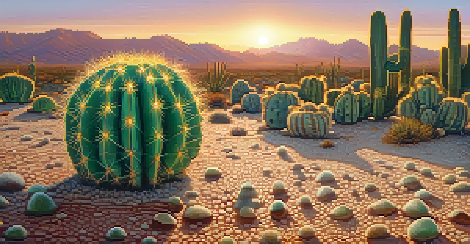 A close-up of a peyote cactus with detailed patterns and textures, surrounded by the earthy desert landscape at dawn.