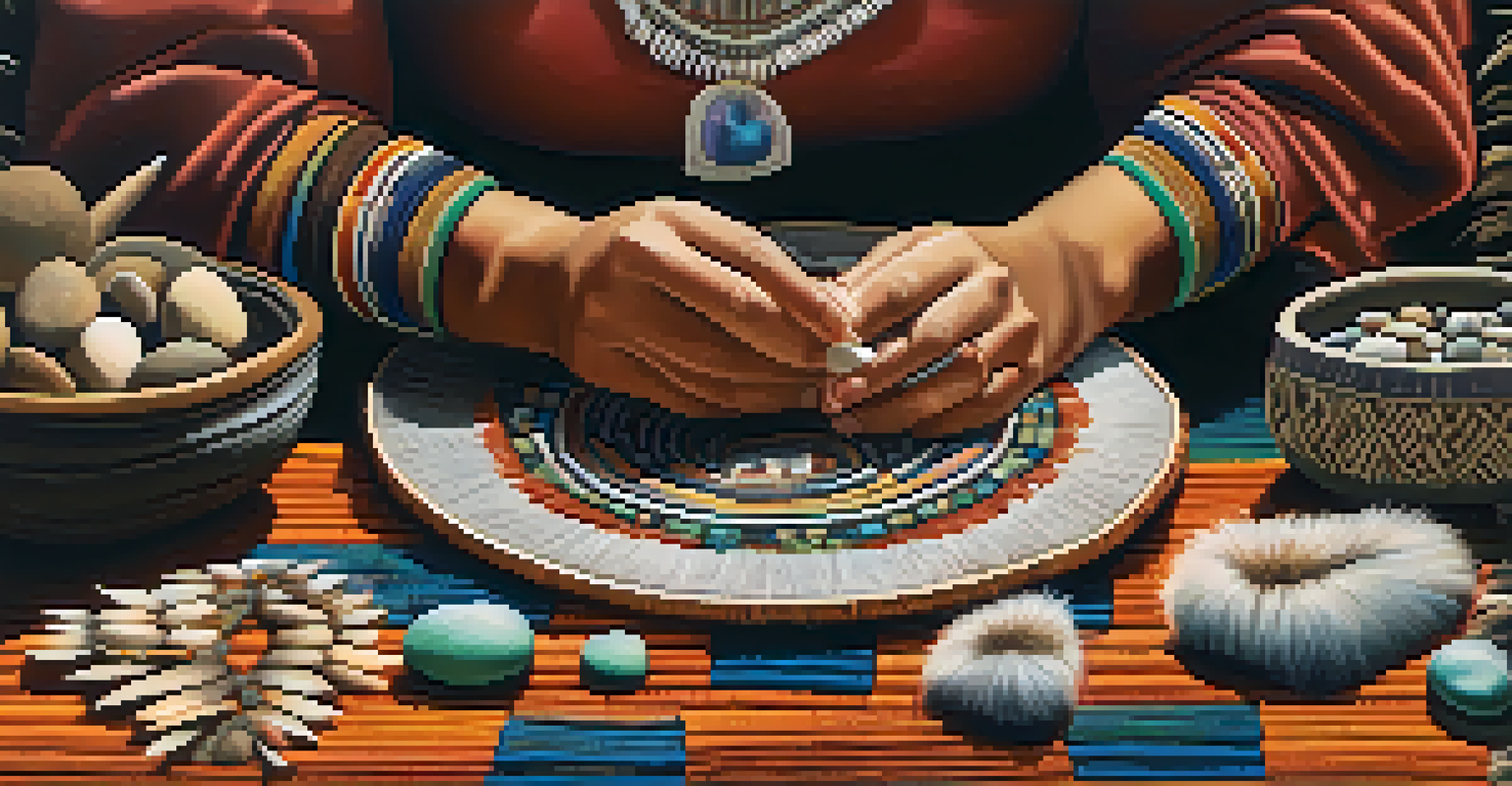 A woman preparing peyote surrounded by sacred objects in a traditional setting.