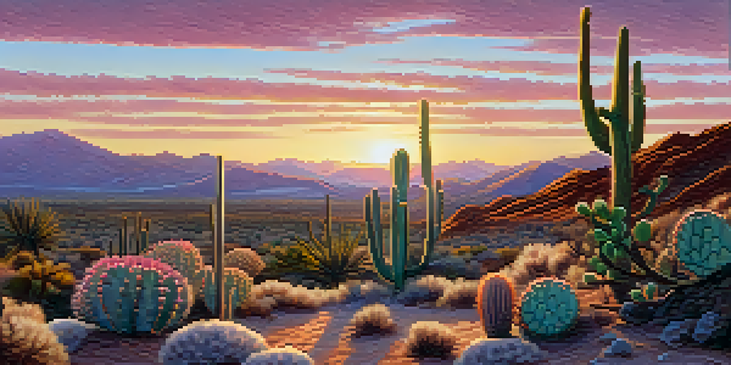 A peaceful desert scene with peyote cacti at sunrise, showcasing soft pastel colors in the sky and illuminated textures.