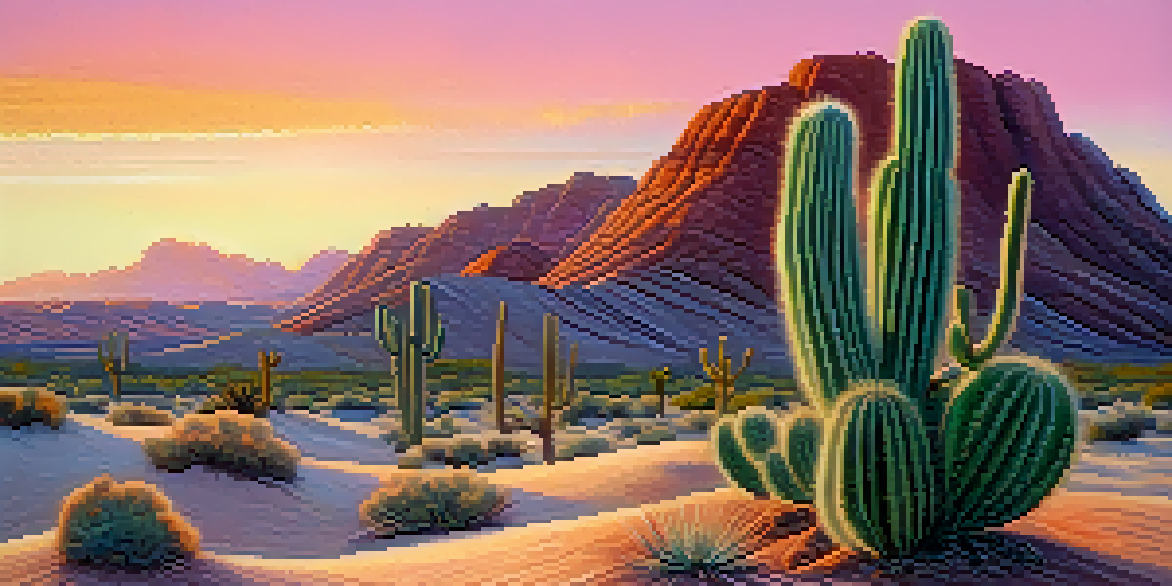 A small green peyote cactus in a tranquil desert landscape at dawn, with colorful skies and textured rocks.
