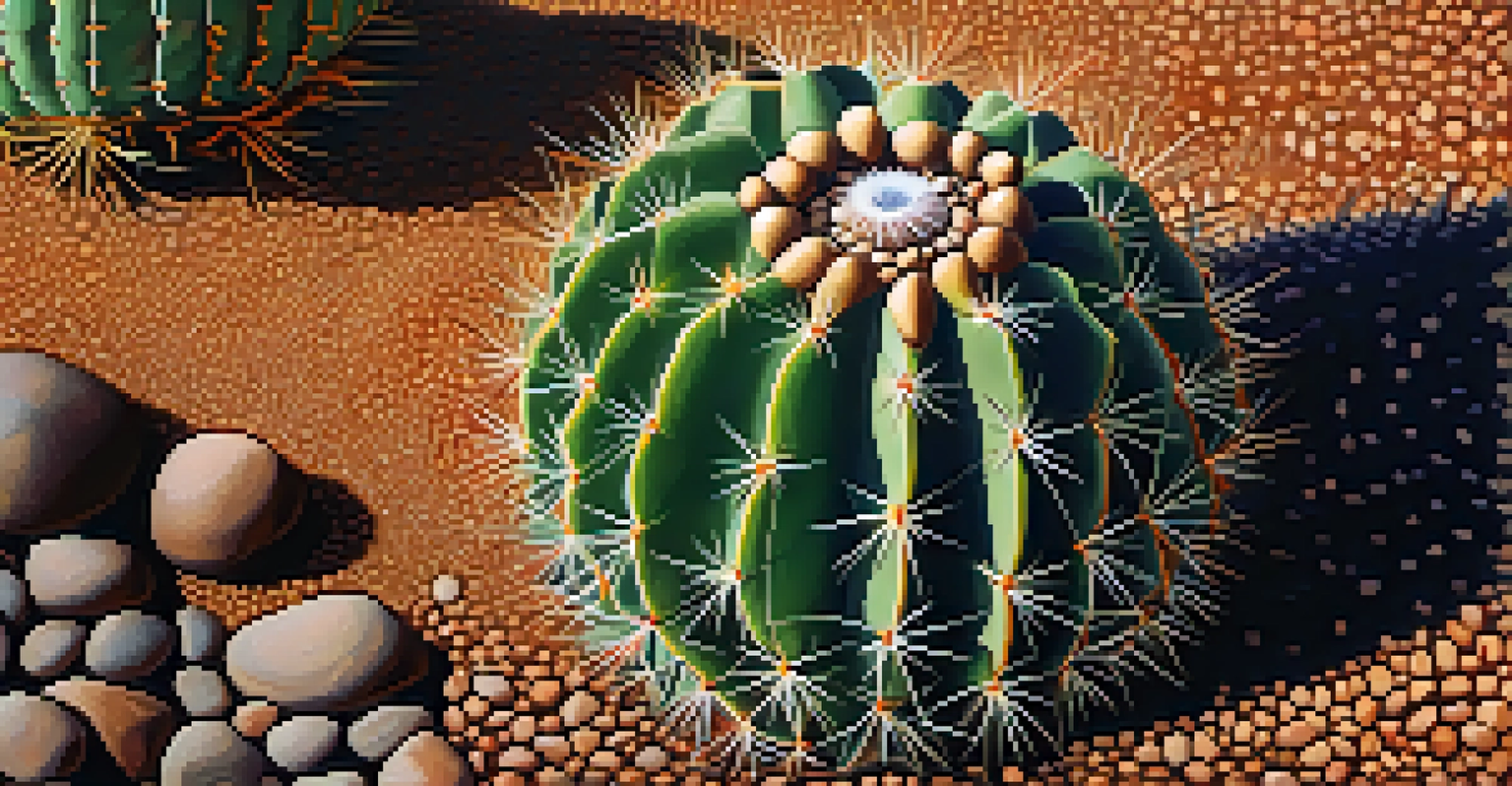 A detailed close-up of a peyote cactus showcasing its round shape and surface patterns, set against dark soil and desert plants.