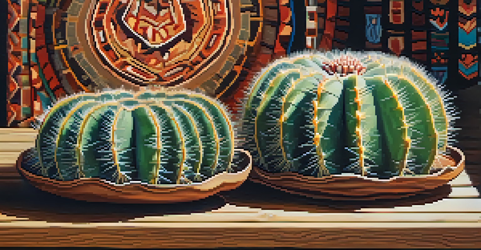 A detailed view of a peyote cactus on a wooden surface, with traditional Indigenous artifacts blurred in the background.