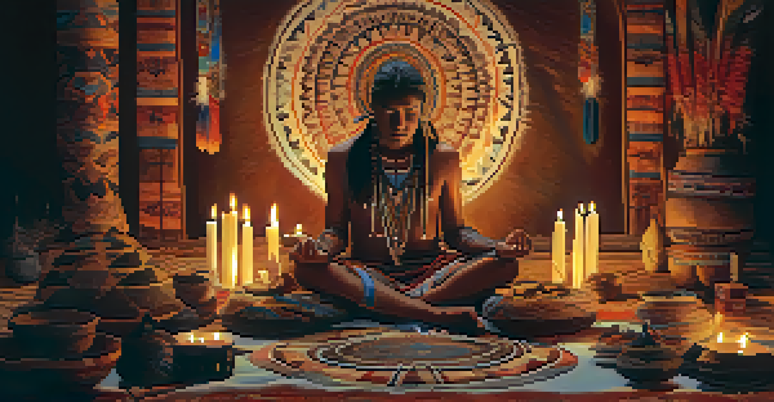 An indigenous person in traditional attire participating in a spiritual ceremony with candlelight and natural surroundings.
