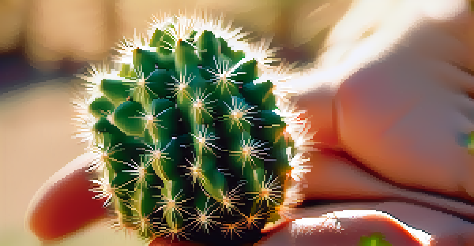 A close-up of a hand holding a peyote cactus, highlighting its spiny surface and vibrant color.