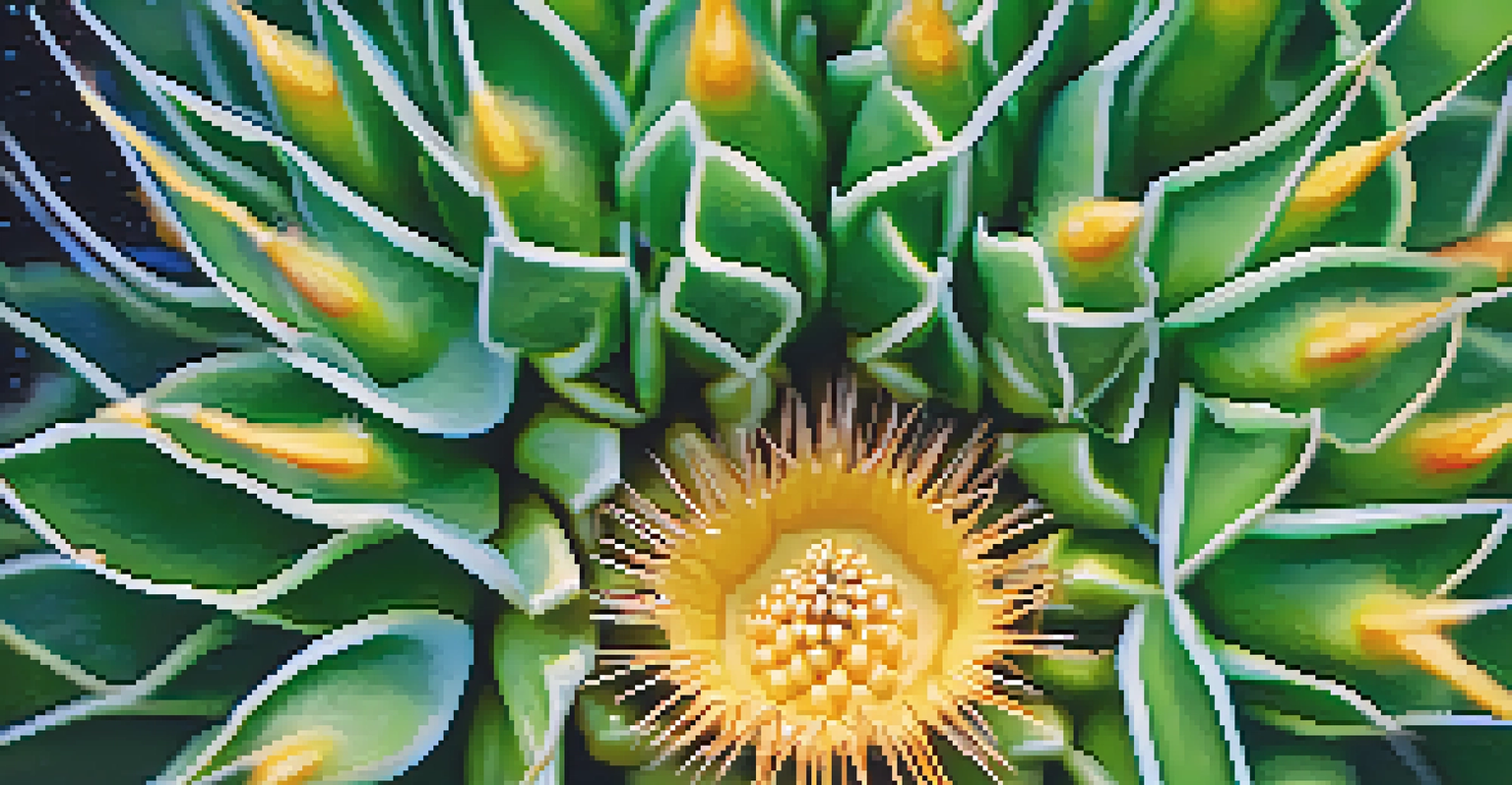 A detailed close-up of a peyote cactus with water droplets, showcasing its green texture against a blurred desert background.