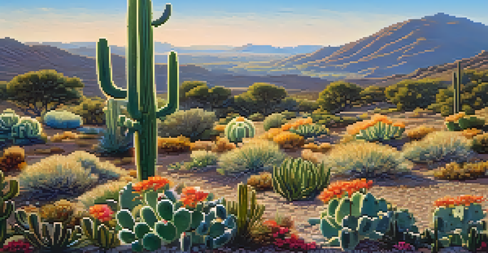 A peyote cactus in a colorful wildflower landscape under a sunny sky.
