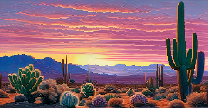 A serene desert landscape at sunset with peyote cacti in the foreground and colorful clouds in the background.