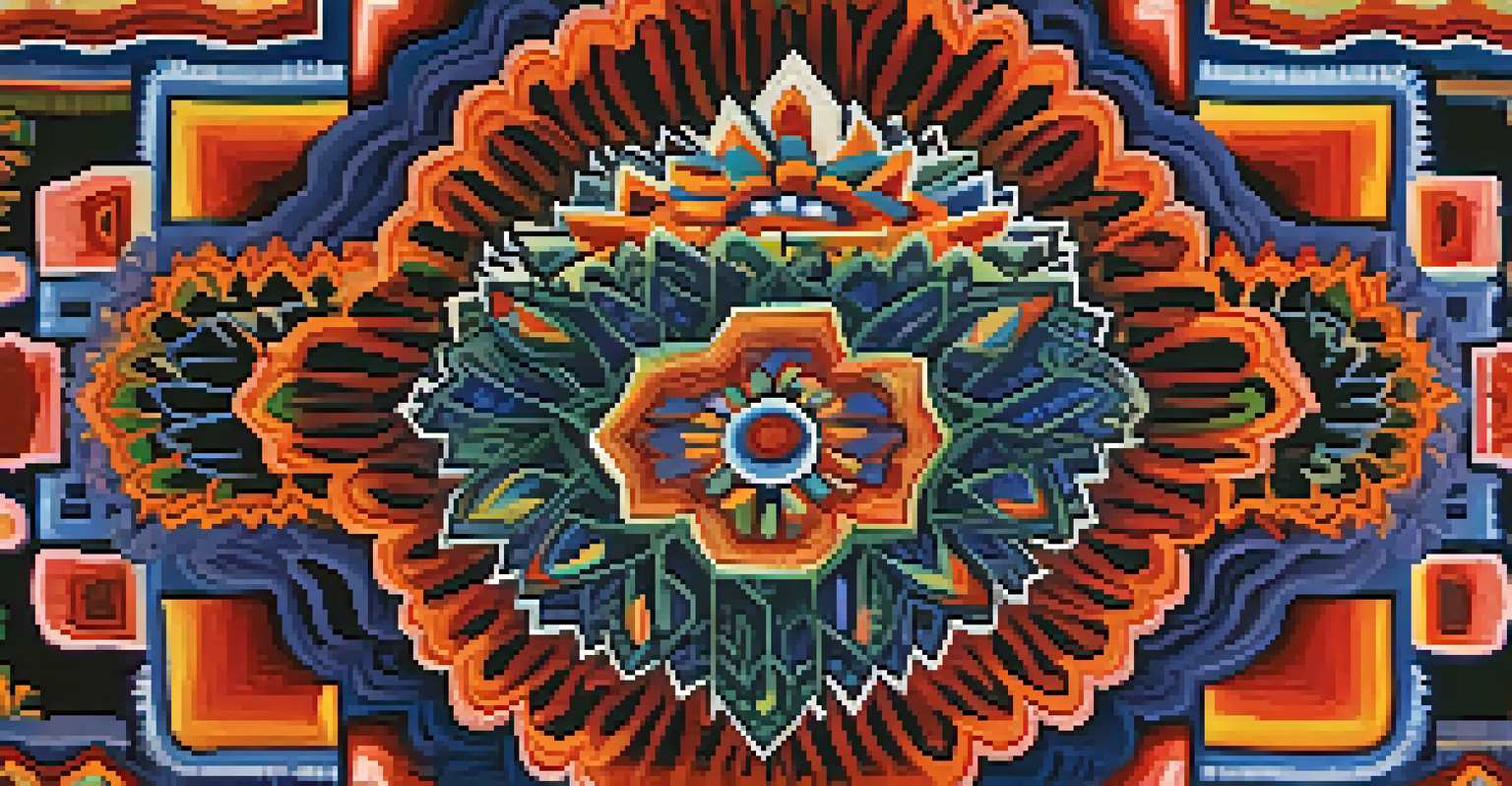 Artistic representation of peyote cactus surrounded by vibrant Huichol-inspired patterns symbolizing transformation.