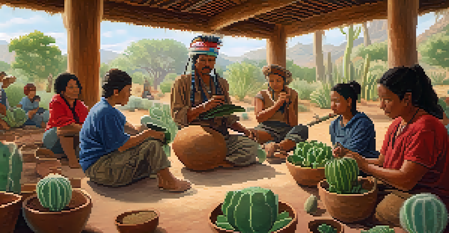 A workshop where individuals learn about sustainable peyote harvesting from an Indigenous leader, surrounded by educational materials and plants.