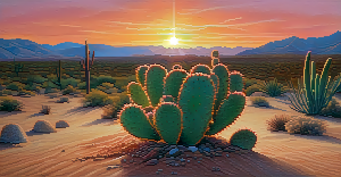 A peaceful desert scene with a small peyote cactus and a vibrant sunset sky.