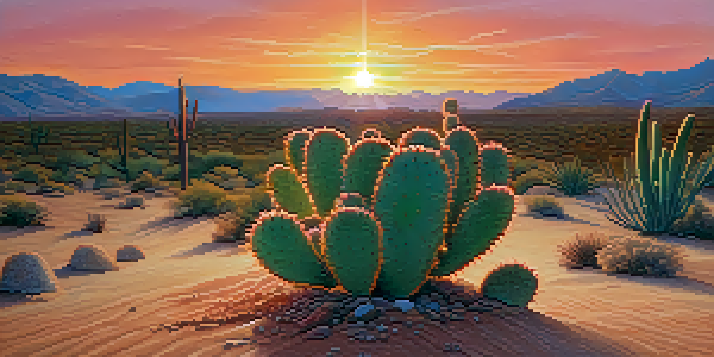 A peaceful desert scene with a small peyote cactus and a vibrant sunset sky.
