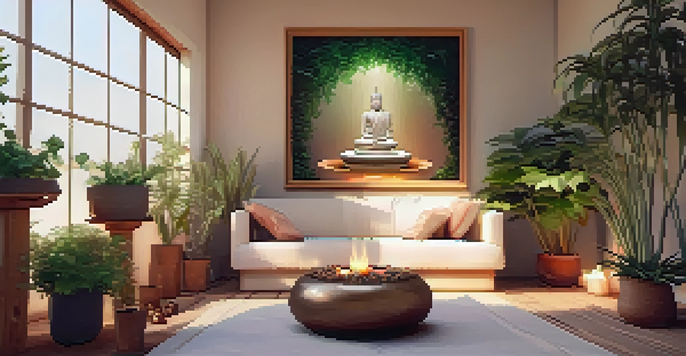 A tranquil meditation area featuring soft lighting, a cushion, potted plants, candles, and crystals, embodying a calm and inviting environment.