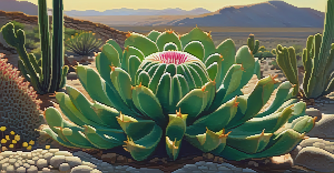 A close-up view of a peyote cactus with green body and flowers in rocky soil under warm sunlight.