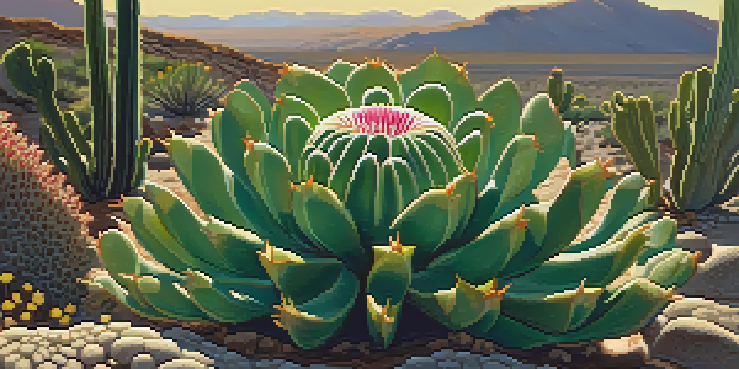 A close-up view of a peyote cactus with green body and flowers in rocky soil under warm sunlight.