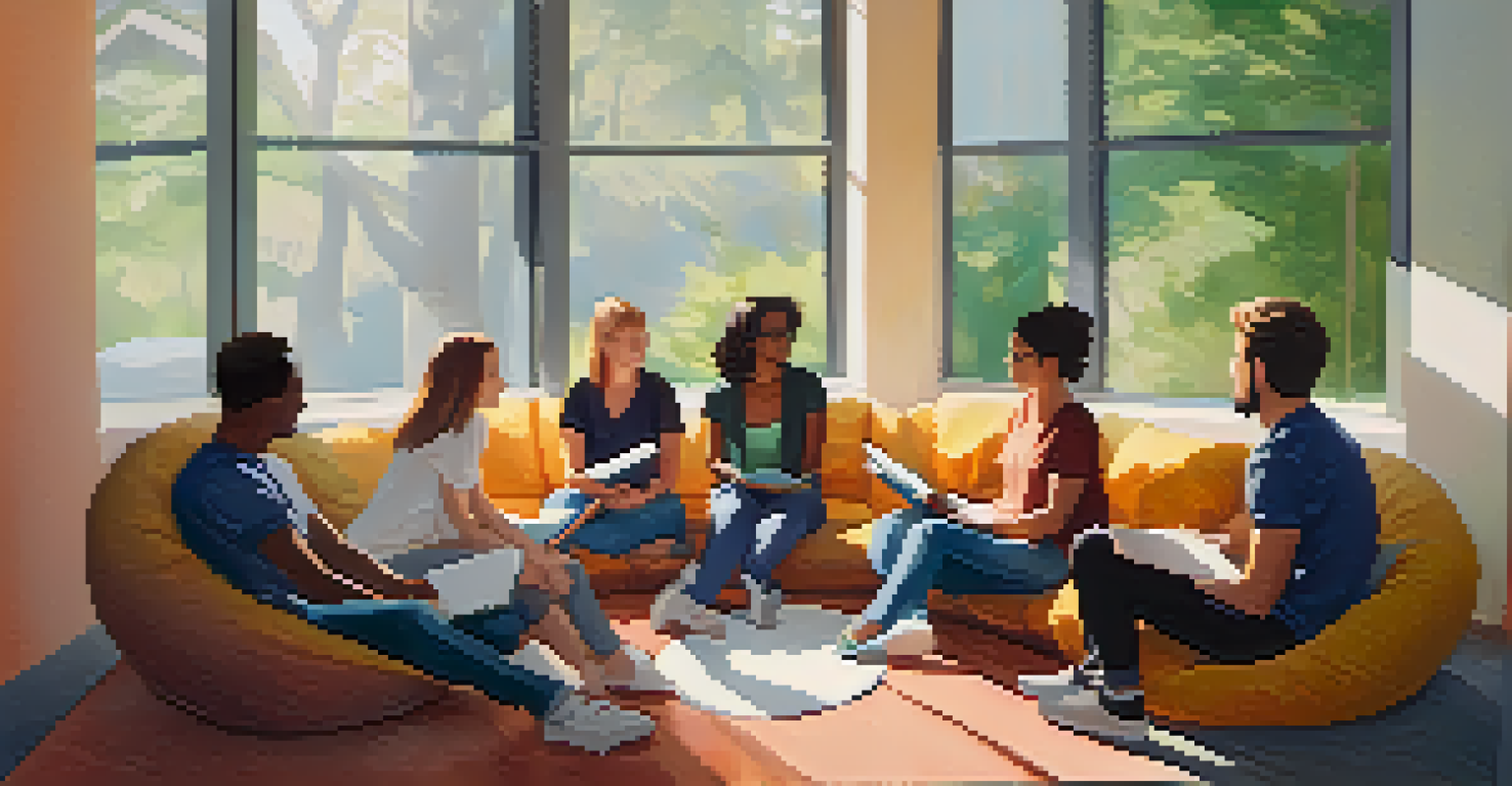 A supportive group integration session for psychedelic therapy, with individuals sharing insights in a sunlit room.