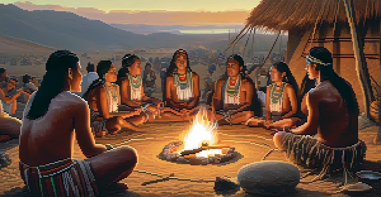 A group of Indigenous people engaged in a Peyote ceremony around a fire, creating a warm and spiritual atmosphere.
