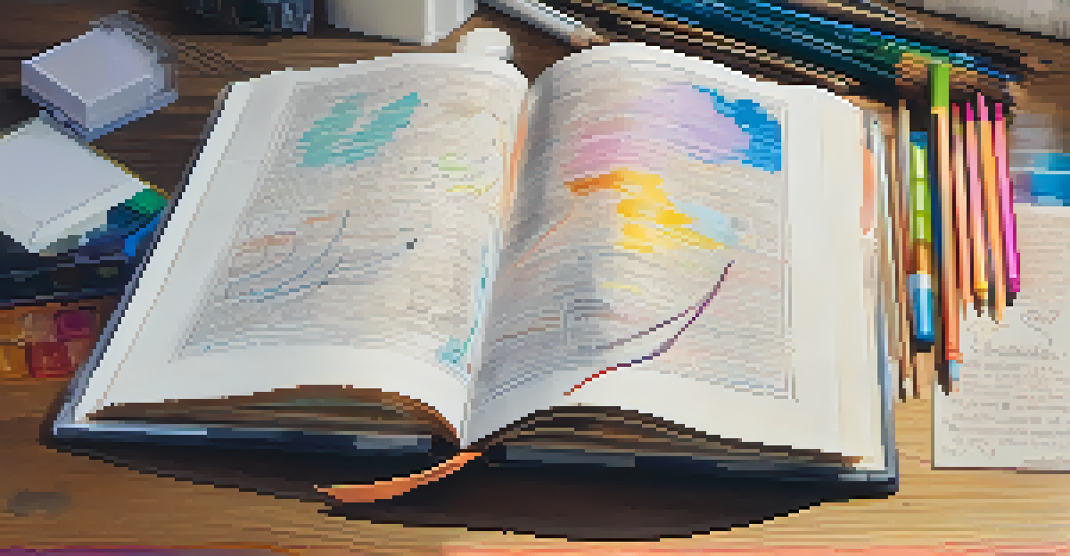 An open journal on a wooden table, filled with colorful drawings and notes, surrounded by art supplies, illuminated by soft natural light from a window.