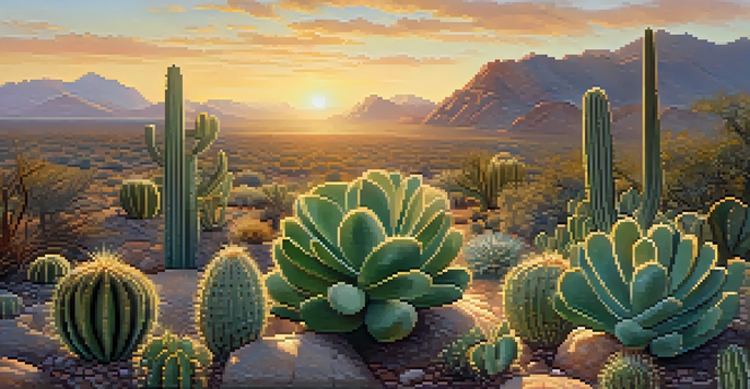 A peaceful garden of peyote cacti at sunrise, with mist and golden light illuminating the scene.