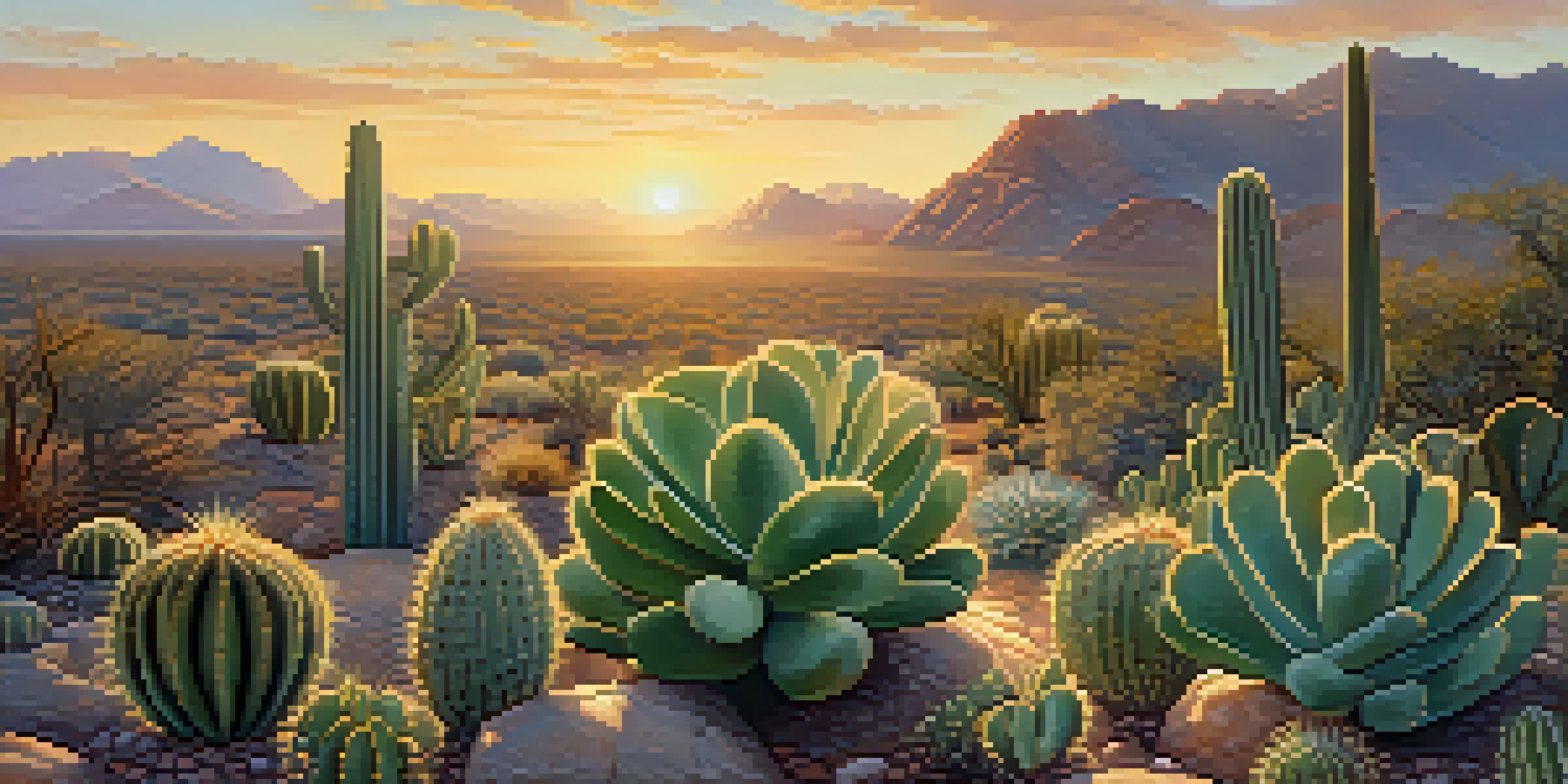 A peaceful garden of peyote cacti at sunrise, with mist and golden light illuminating the scene.