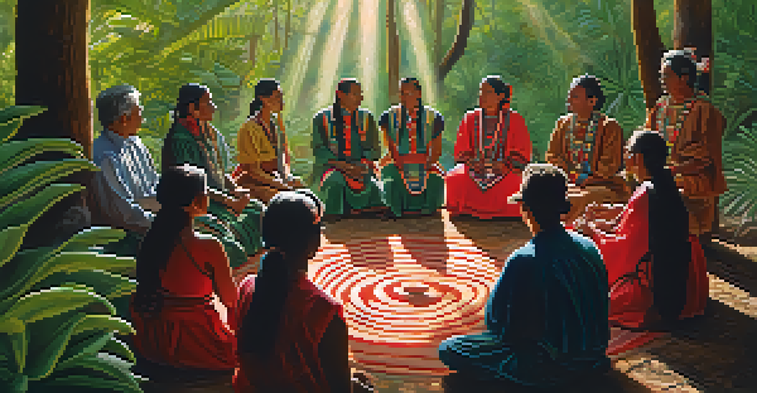 A group of Indigenous individuals in traditional clothing gathered around a peyote cactus in a forest during a ceremony.