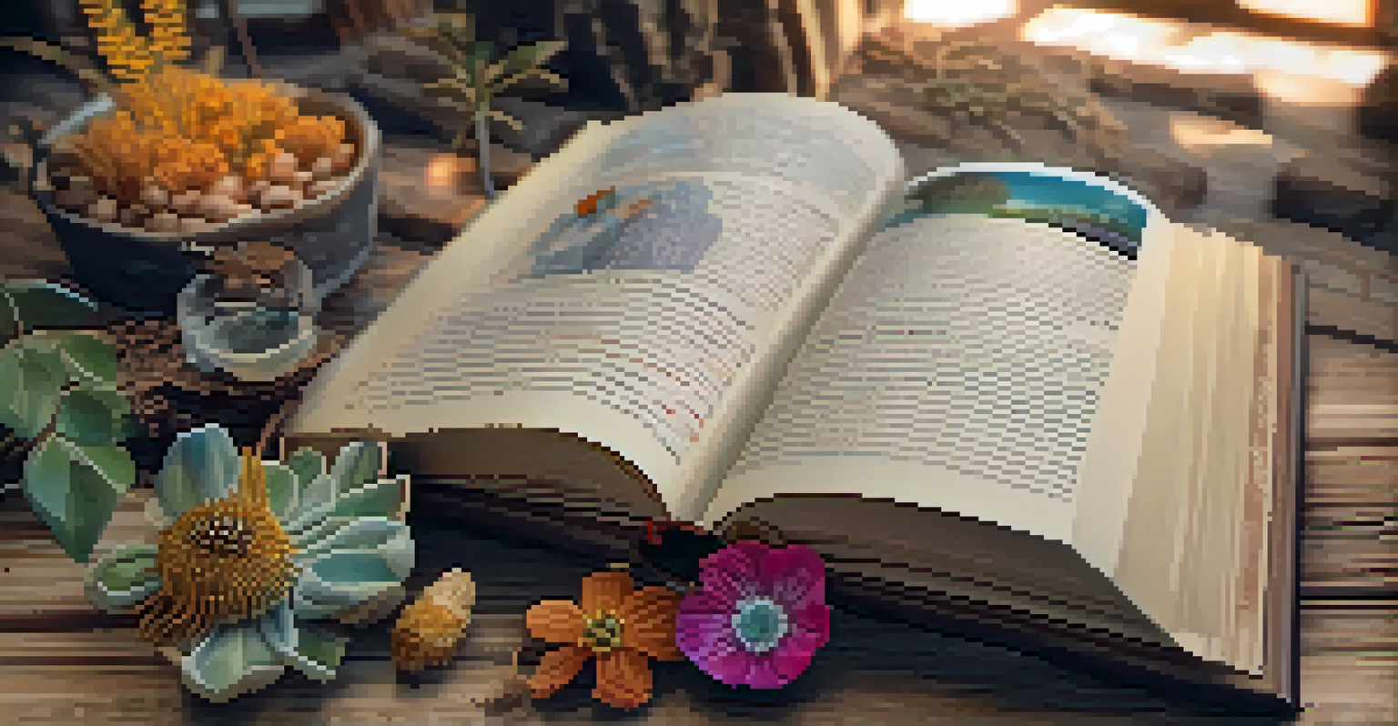 A close-up of an open illustrated book on a wooden table, surrounded by natural elements, highlighting peyote-related stories.