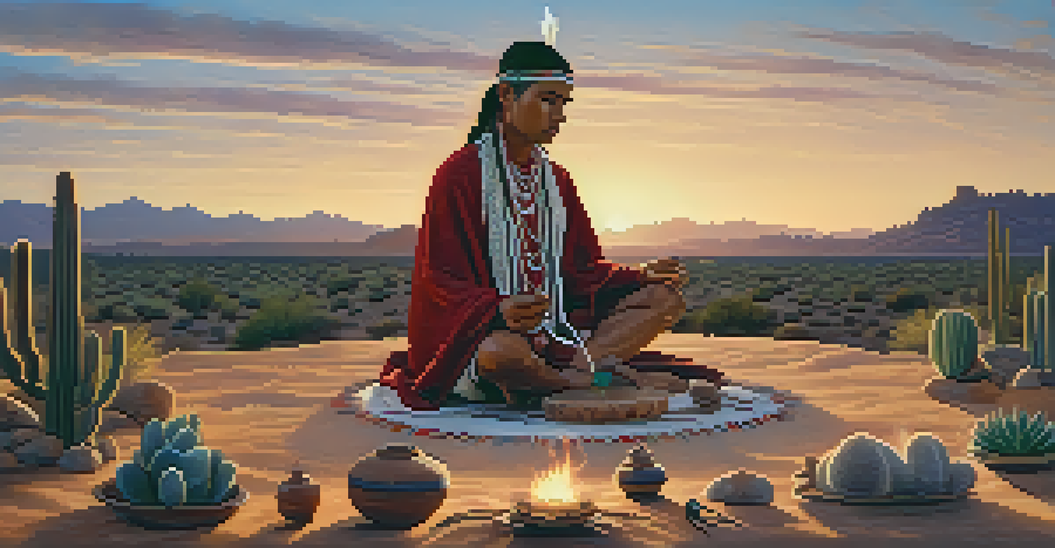 An Indigenous individual in traditional clothing holding a peyote cactus during a ceremony in a natural setting.