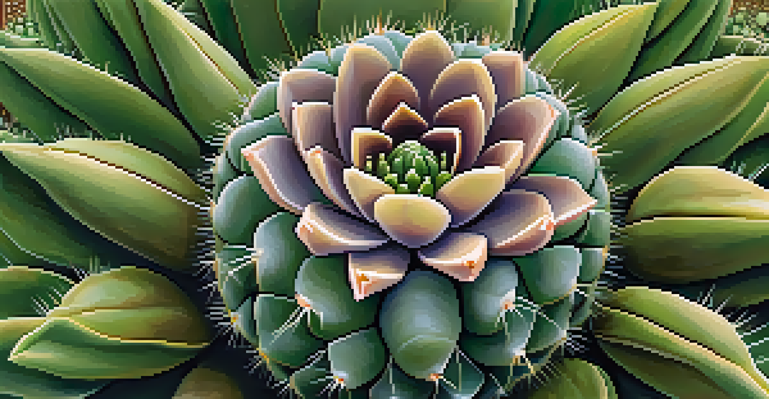 A close-up view of a peyote cactus highlighting its round shape, thorns, and flowers with dewdrops on its surface.
