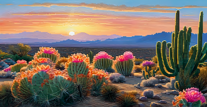 A blooming peyote cactus in a desert landscape during sunset, with colorful sky and rolling hills in the background.