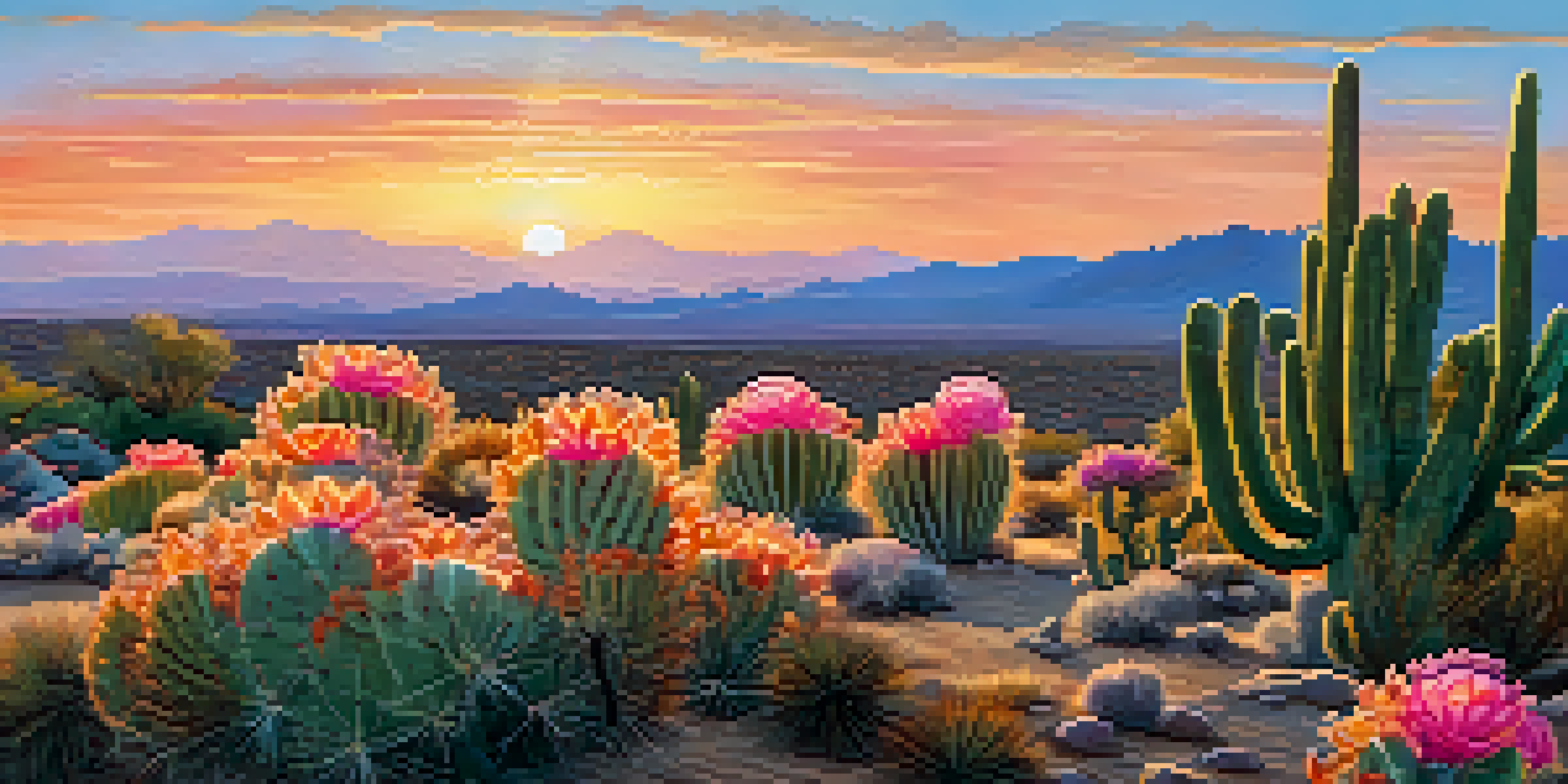 A blooming peyote cactus in a desert landscape during sunset, with colorful sky and rolling hills in the background.