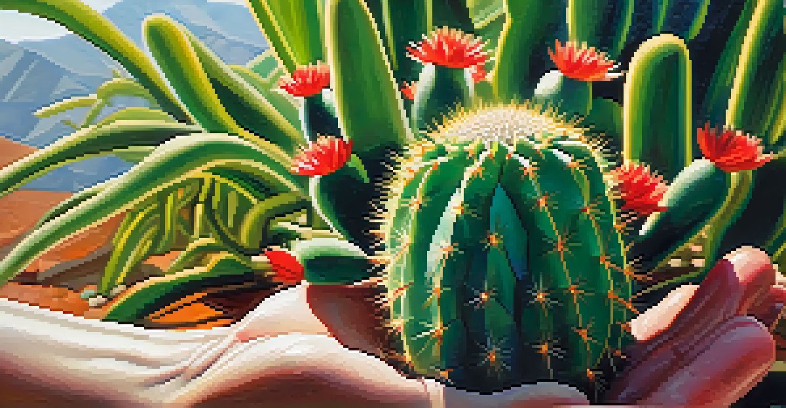 A close-up of a hand holding a Peyote cactus with sunlight filtering through leaves in the background.