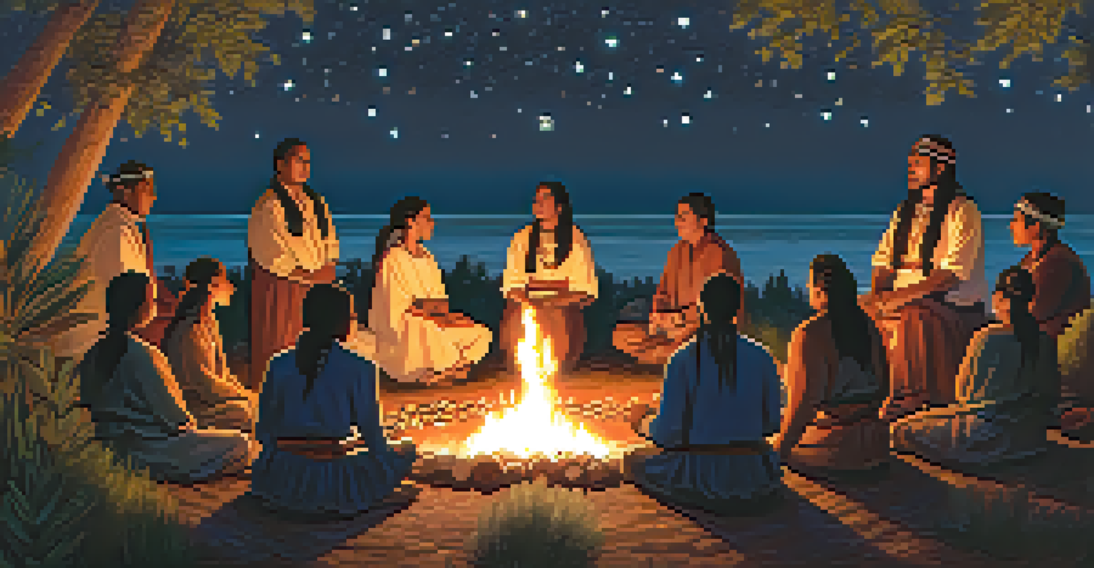 An Indigenous ceremony around a fire at night, with participants in traditional clothing, creating a sense of community and spirituality.