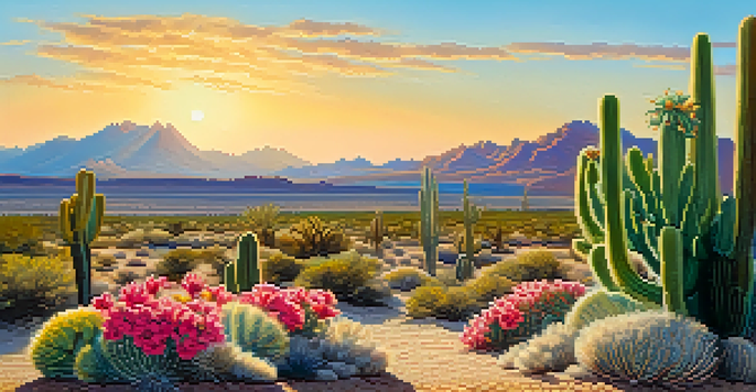 A small peyote cactus with colorful flowers in a sunlit desert landscape, surrounded by various desert plants and distant mountains under a clear blue sky.