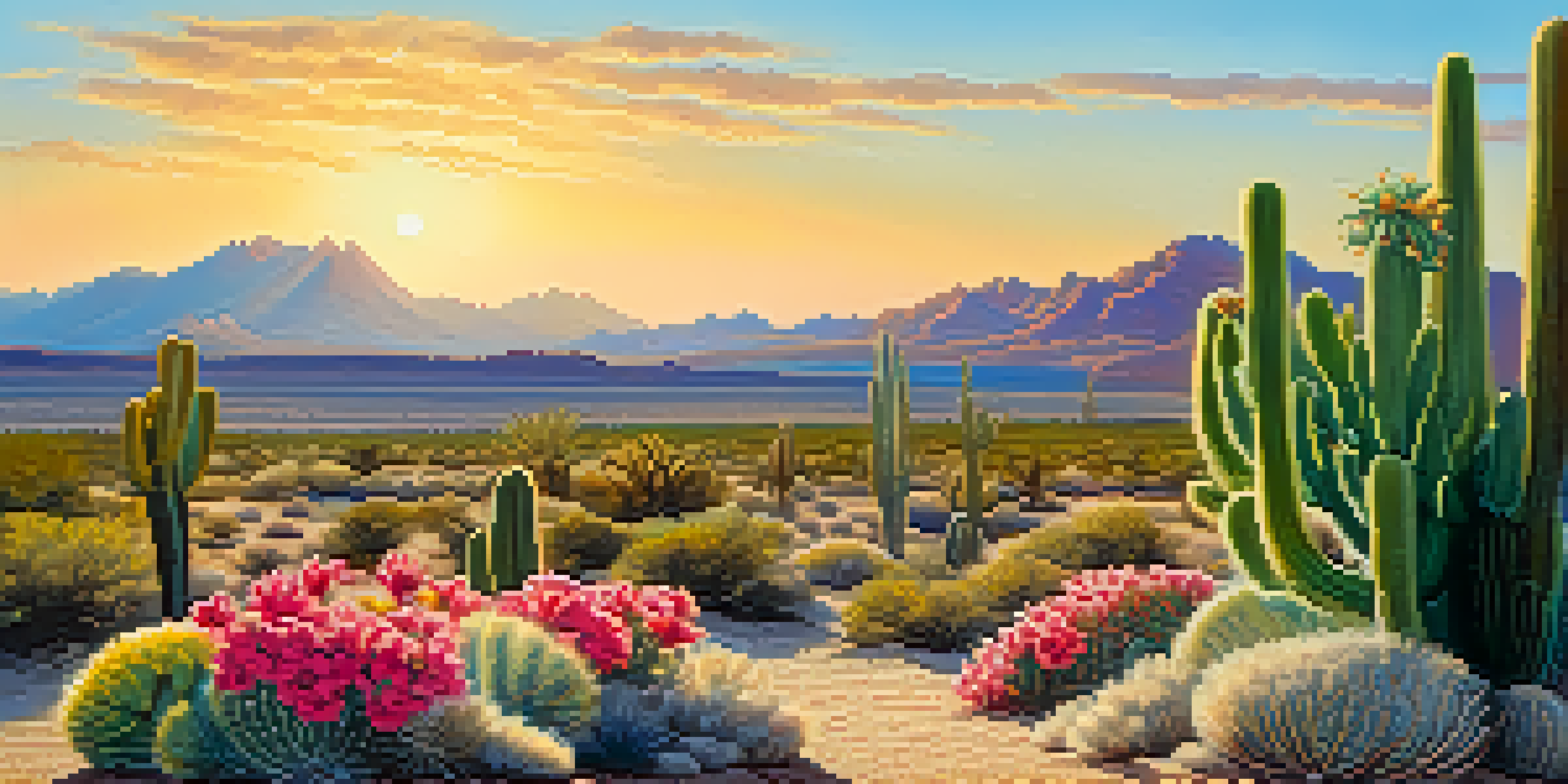A small peyote cactus with colorful flowers in a sunlit desert landscape, surrounded by various desert plants and distant mountains under a clear blue sky.